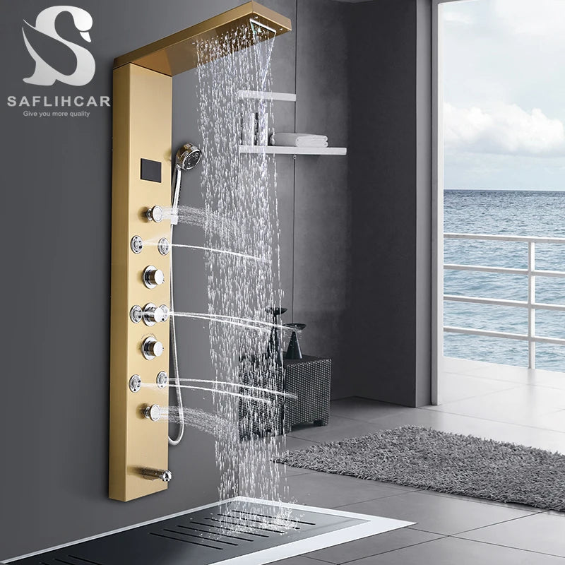 Black LED Light Shower Panel Waterfall Rain Shower