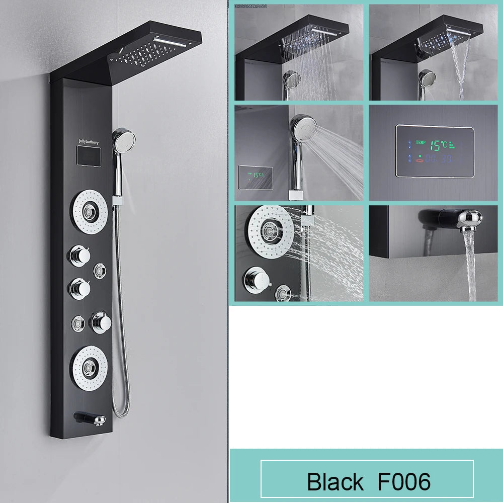 Black LED Light Shower Panel Waterfall Rain Shower