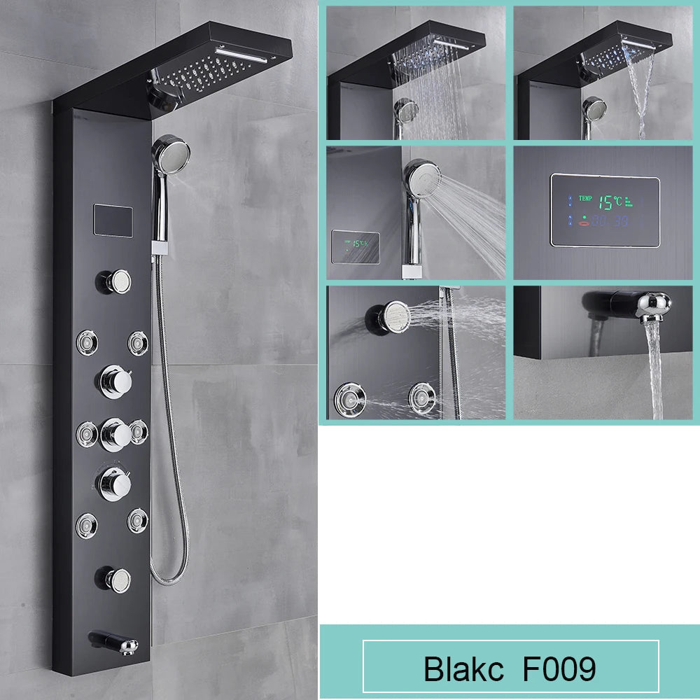 Black LED Light Shower Panel Waterfall Rain Shower