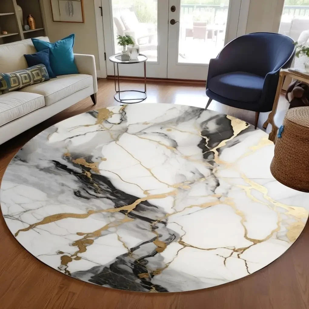 Modern Abstract Black Gold Marble Round Area Rug