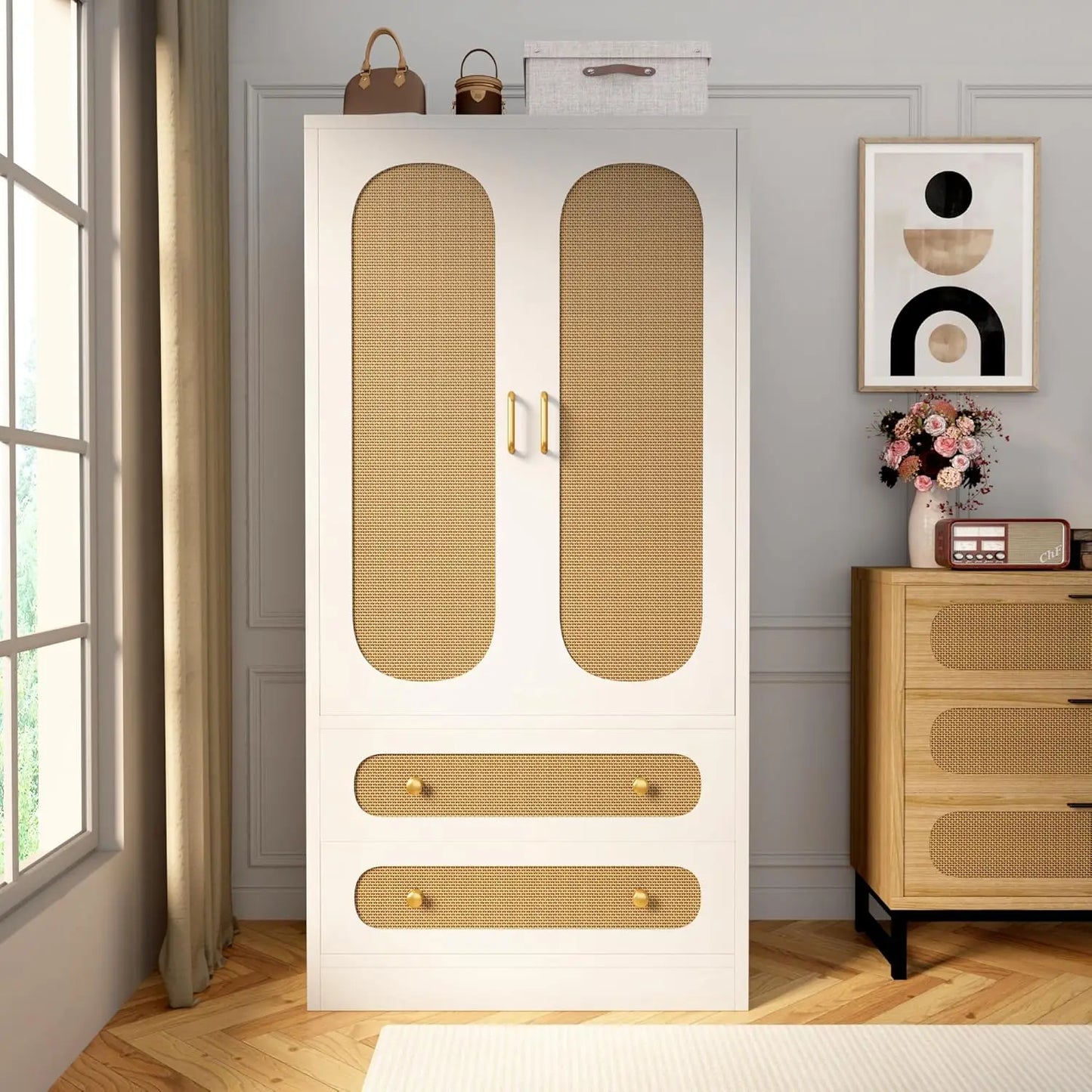 Rattan Wardrobe Cabinet with 4 Storage Drawers