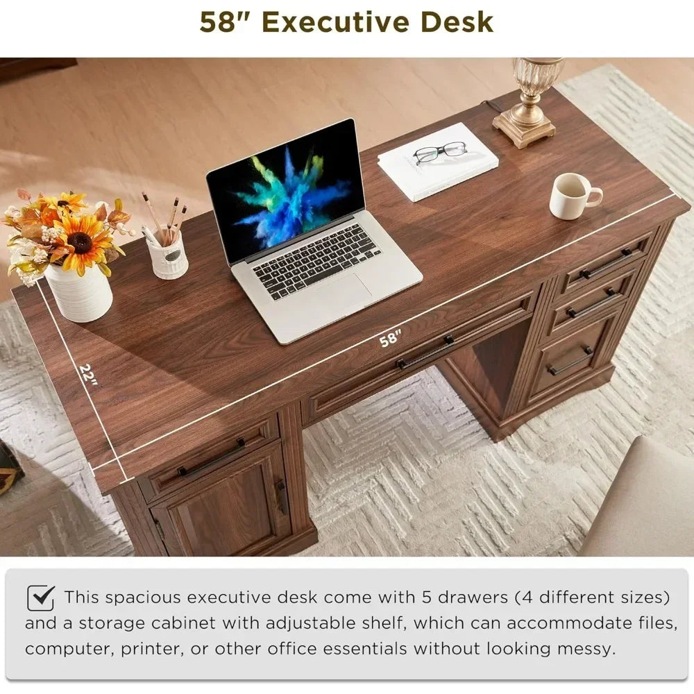 Executive Computer Desk with Drawers & Cabinet