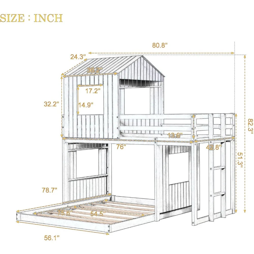 House Bunk Bed with Roof and Guardrails
