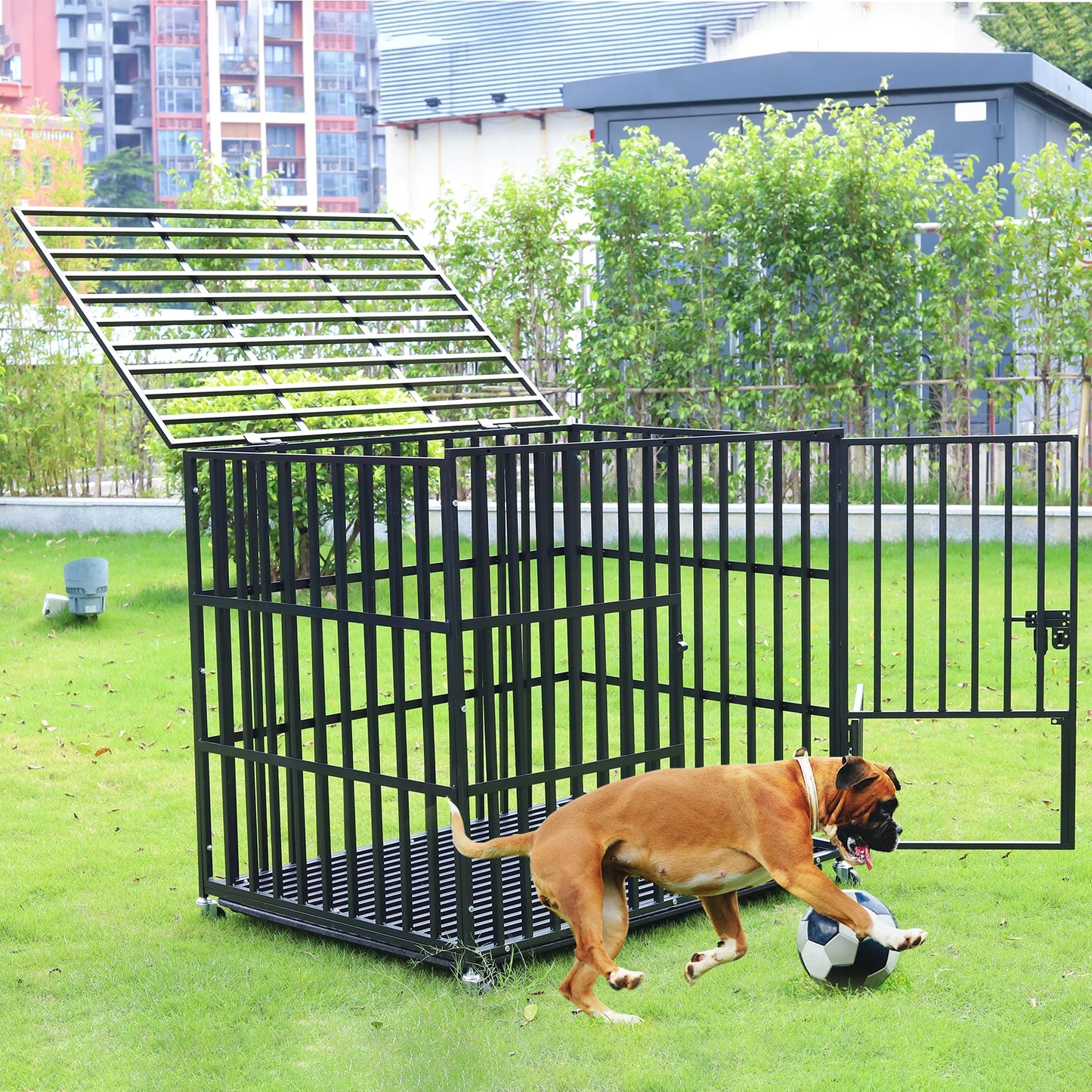Heavy Duty Dog Crate with 4 Lockable Wheels 3 Doors and Removable Tray