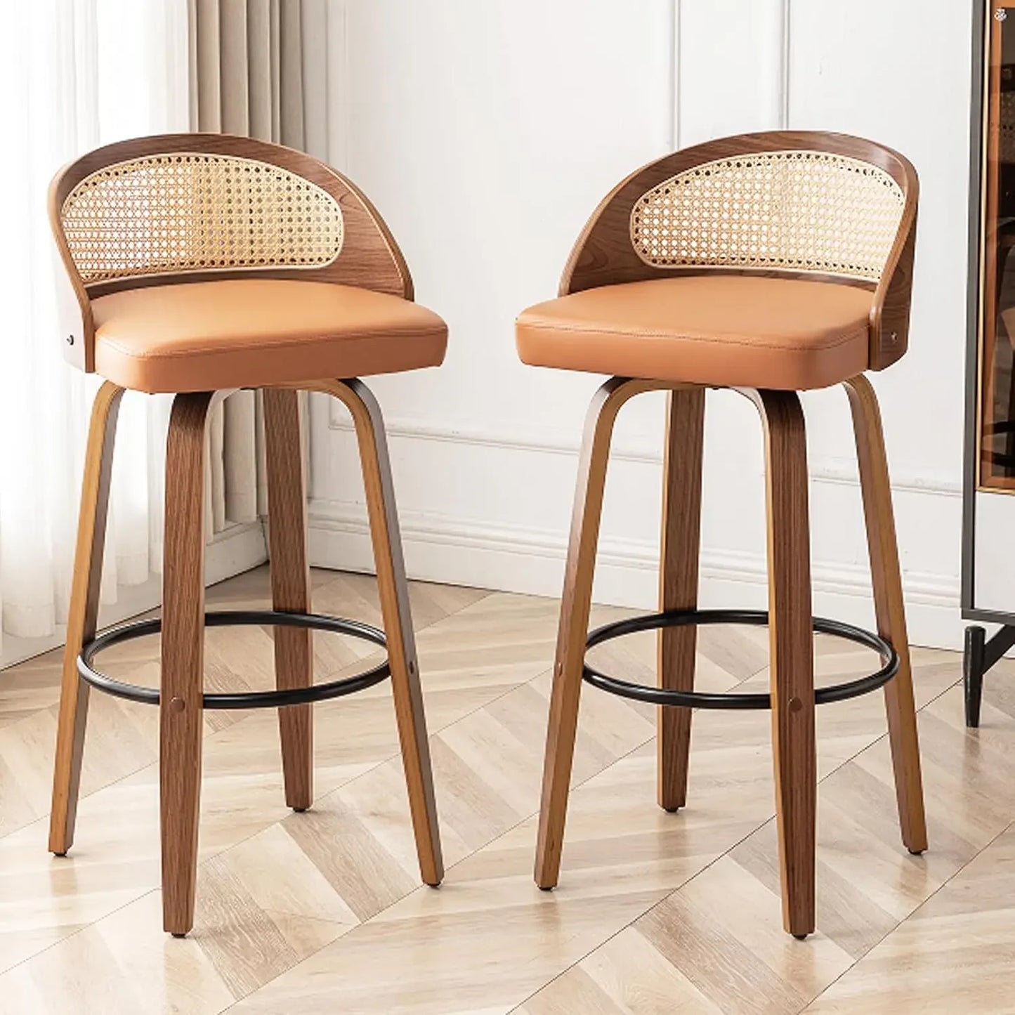 Mid-Century Swivel Rattan Bar Stools Set of 2