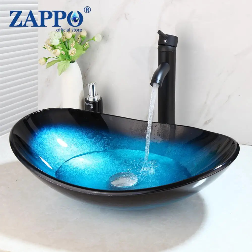 Tempered Vessel Sink with Waterfall Black Faucet