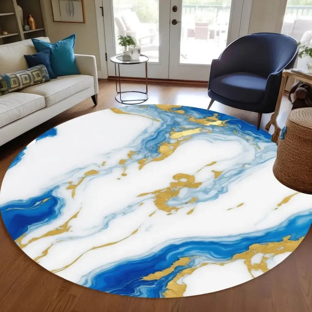 Modern Abstract Black Gold Marble Round Area Rug