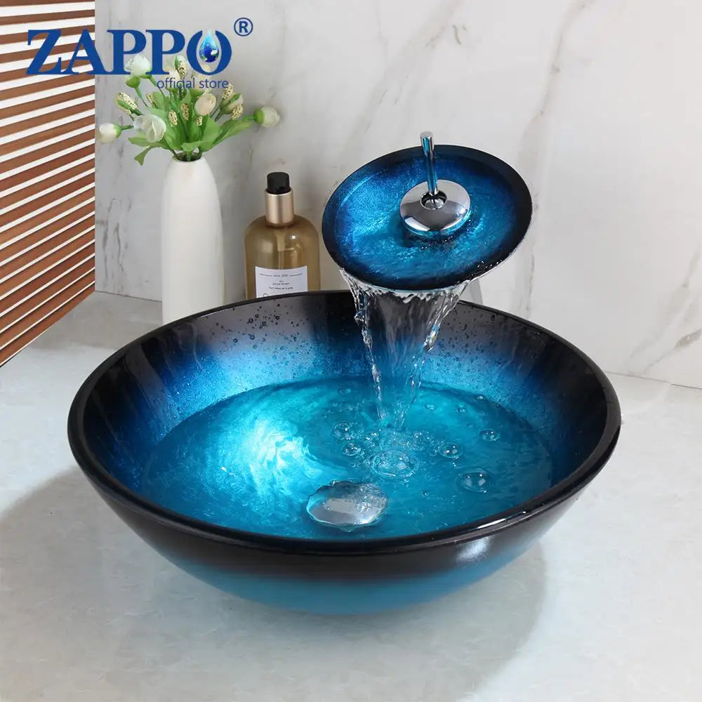 Tempered Vessel Sink with Waterfall Black Faucet