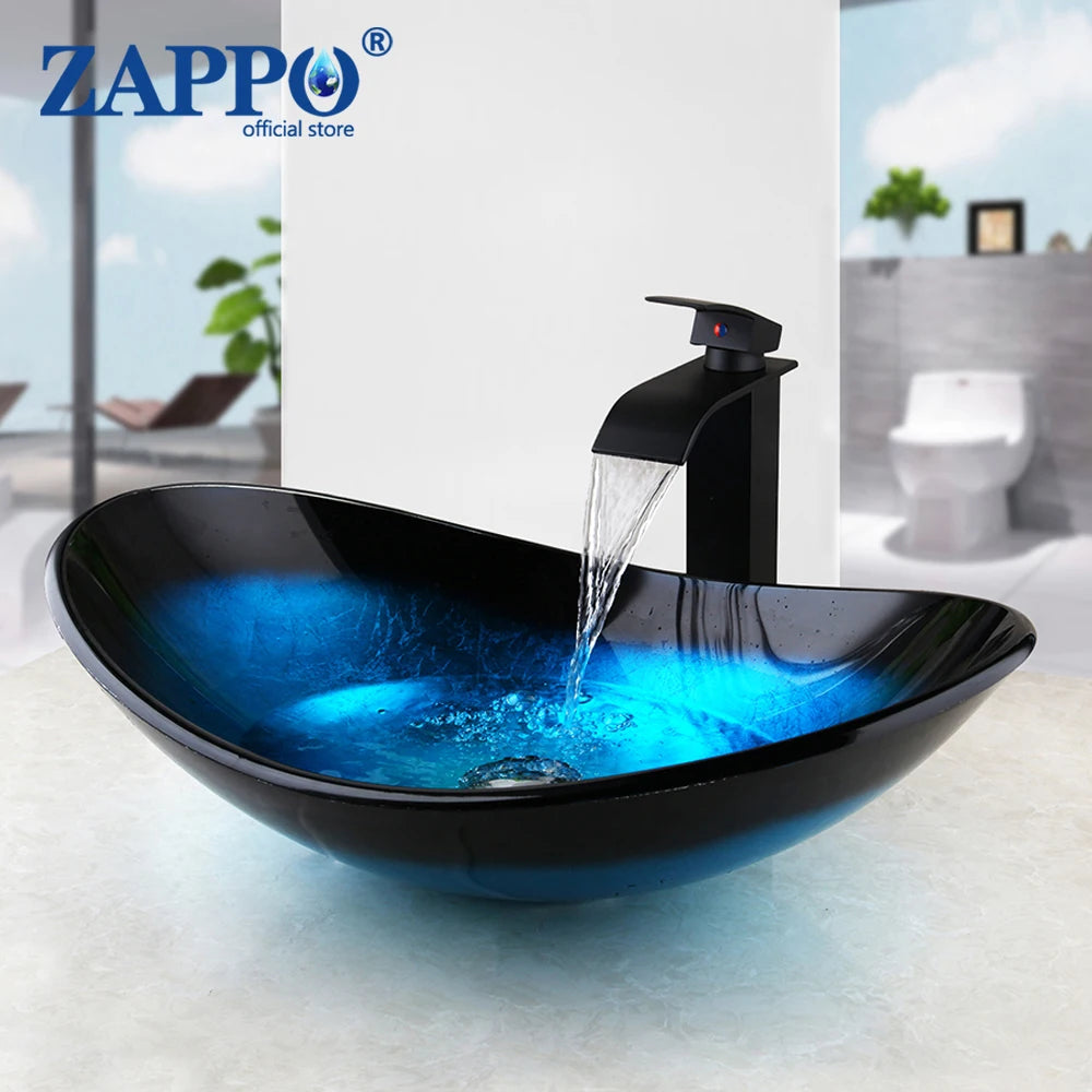 Tempered Vessel Sink with Waterfall Black Faucet