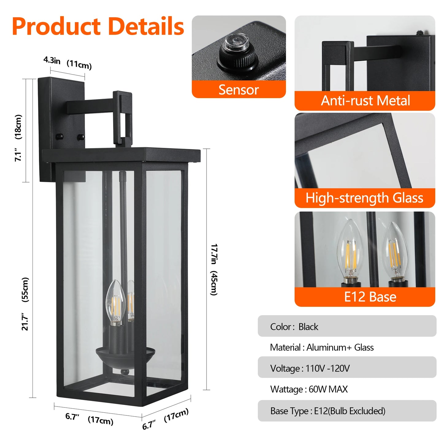 22"(H) Outdoor Wall Lantern with Dusk to Dawn Sensor