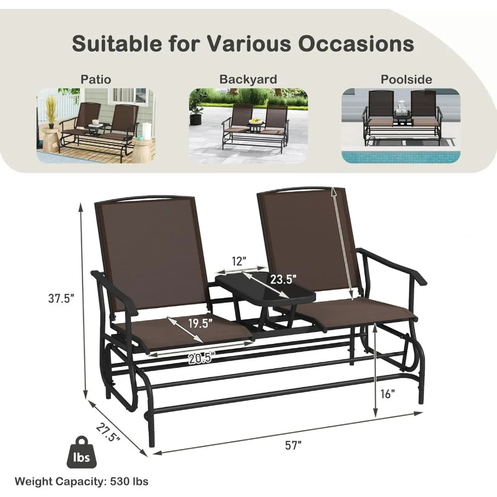2 Person Swing Glider Loveseat w/Center Table
