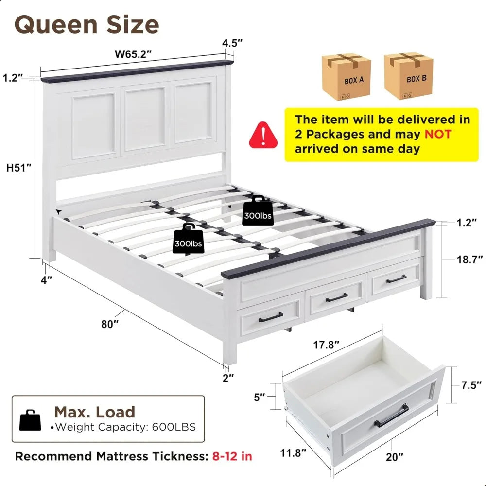 Queen Size Bed Frame with Headboard and Storage