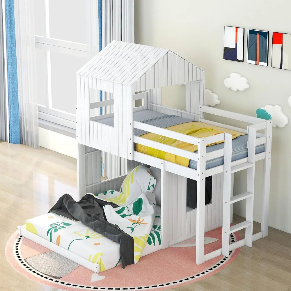 House Bunk Bed with Roof and Guardrails