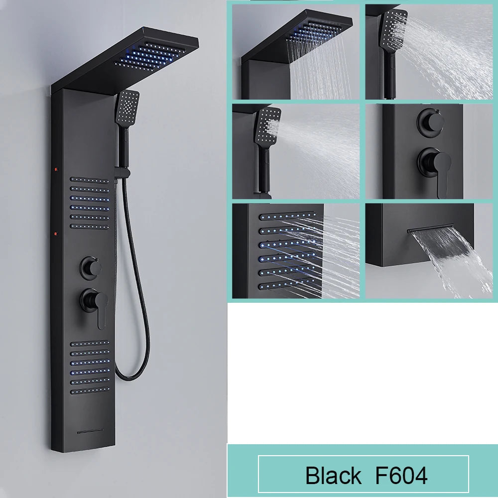 Black LED Light Shower Panel Waterfall Rain Shower