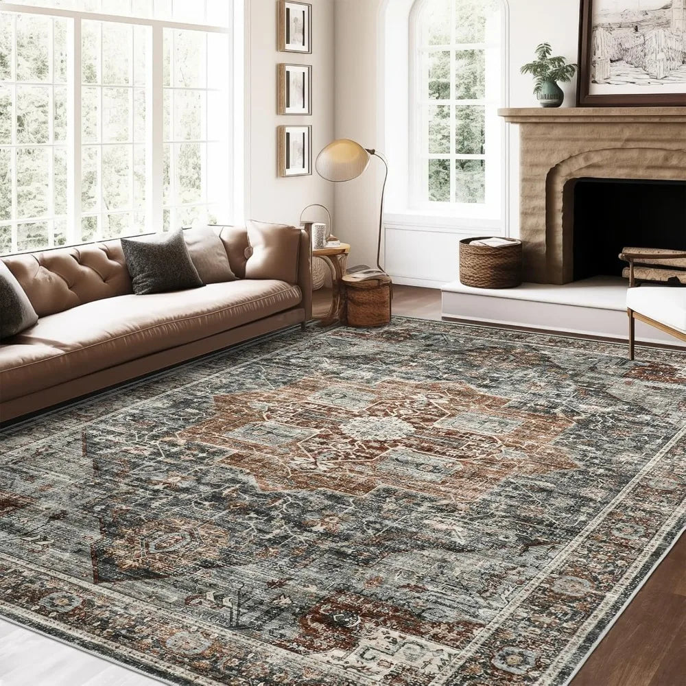 Vintage Washable Rug for Dining Room, Bedroom (Grey/Brown/Tan)