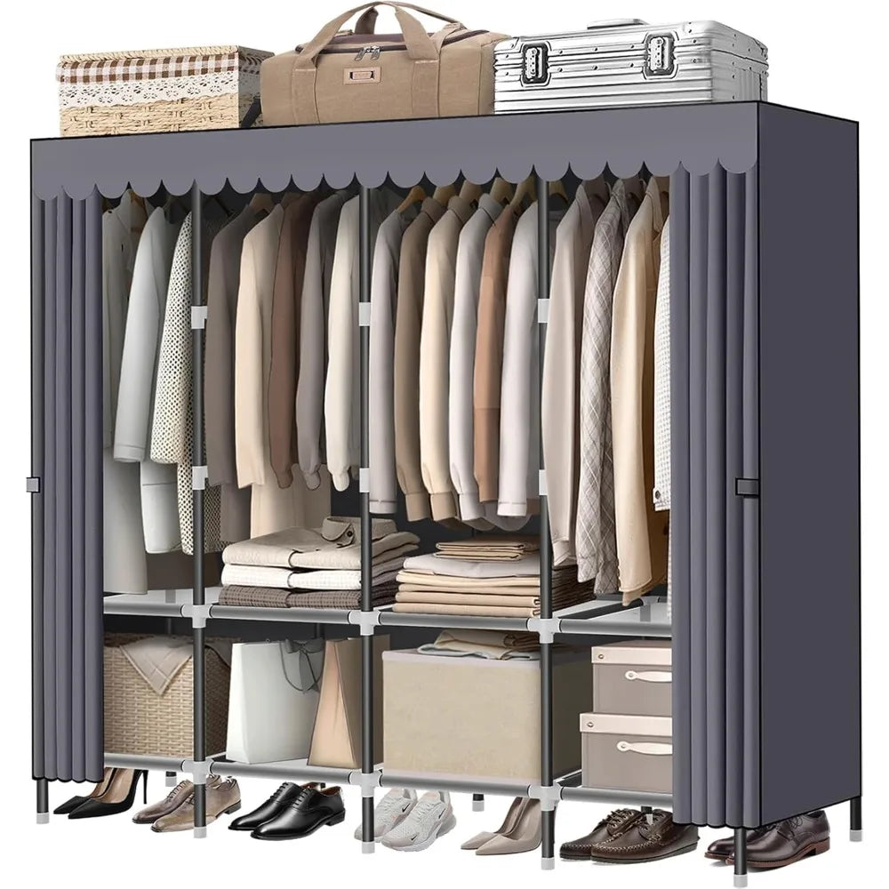 Grey Portable Closet with Zippers, 65.4Inches