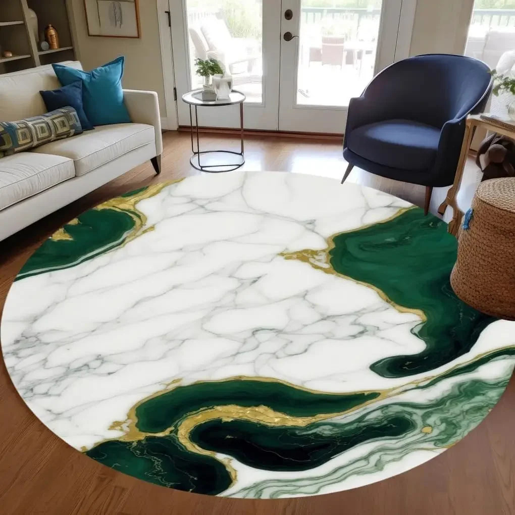 Modern Abstract Black Gold Marble Round Area Rug