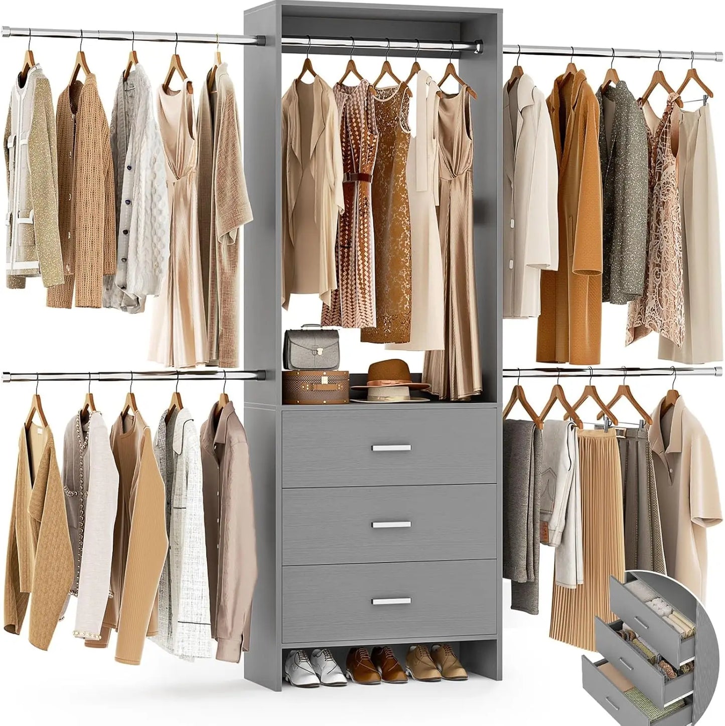 Walk-In Closet Organizer with 3 Wooden Drawers