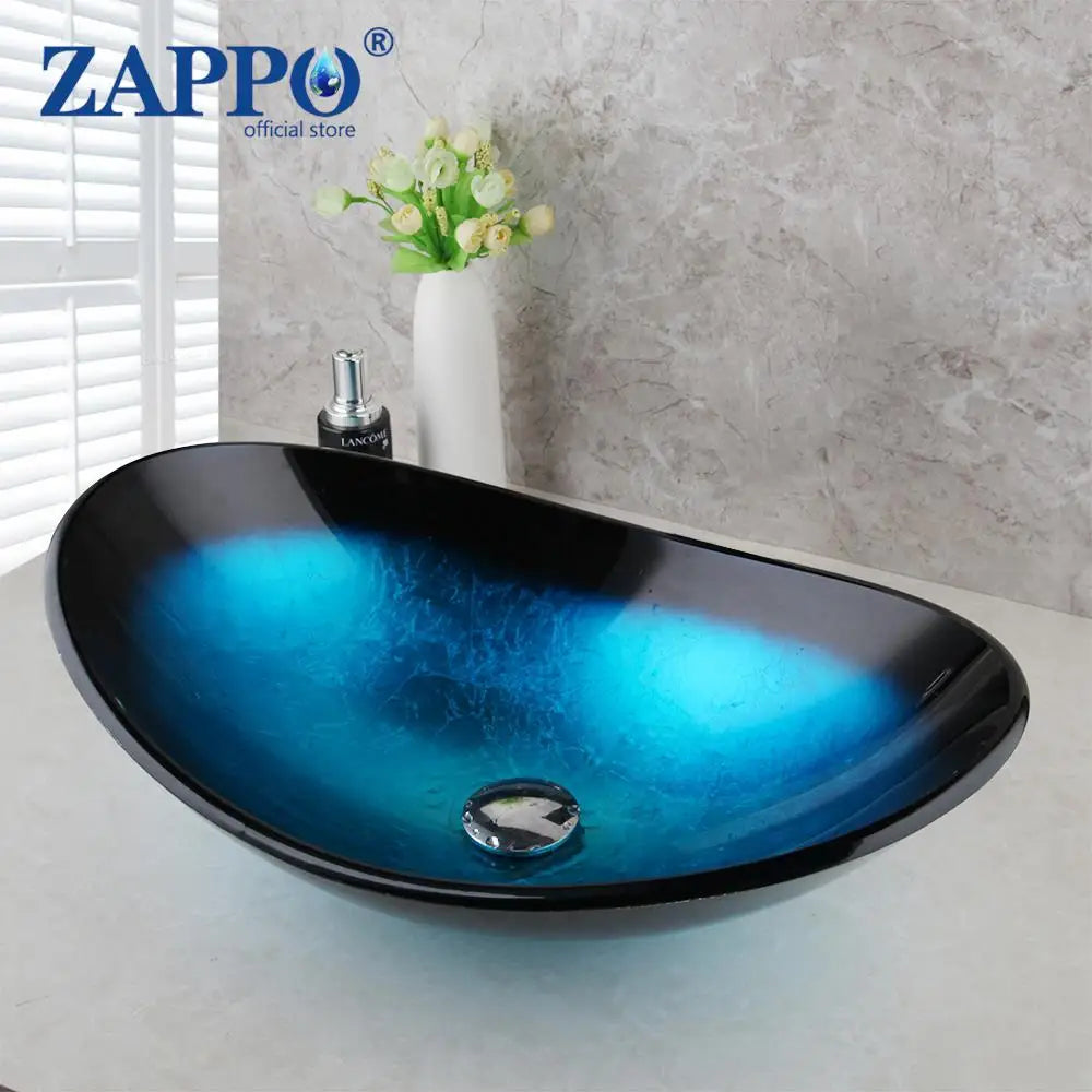 Tempered Vessel Sink with Waterfall Black Faucet