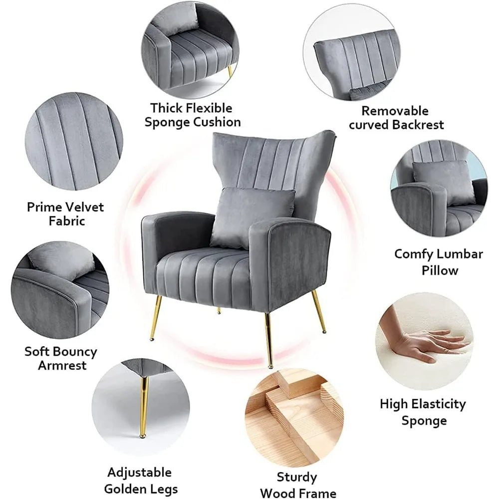 Set of 2 Modern Velvet Accent Chairs with Lumbar Pillow