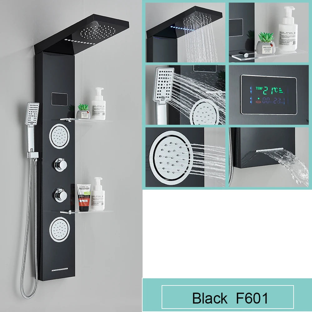 Black LED Light Shower Panel Waterfall Rain Shower