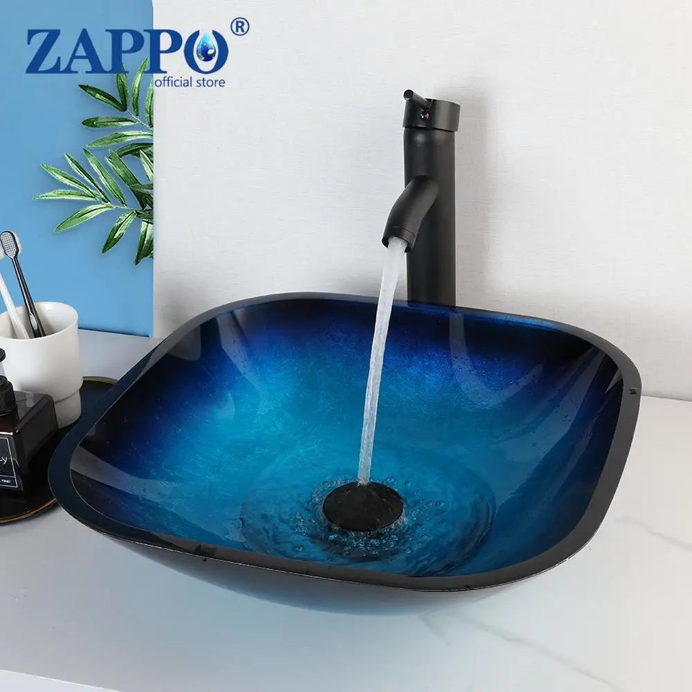 Tempered Vessel Sink with Waterfall Black Faucet
