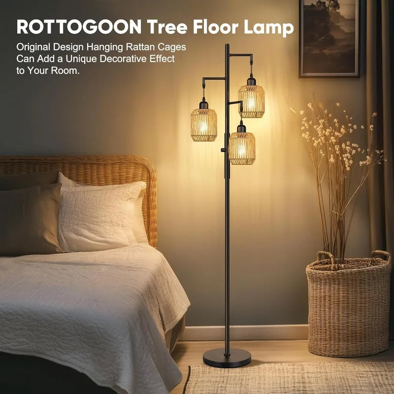 3 Light Farmhouse Rattan Floor Lamp