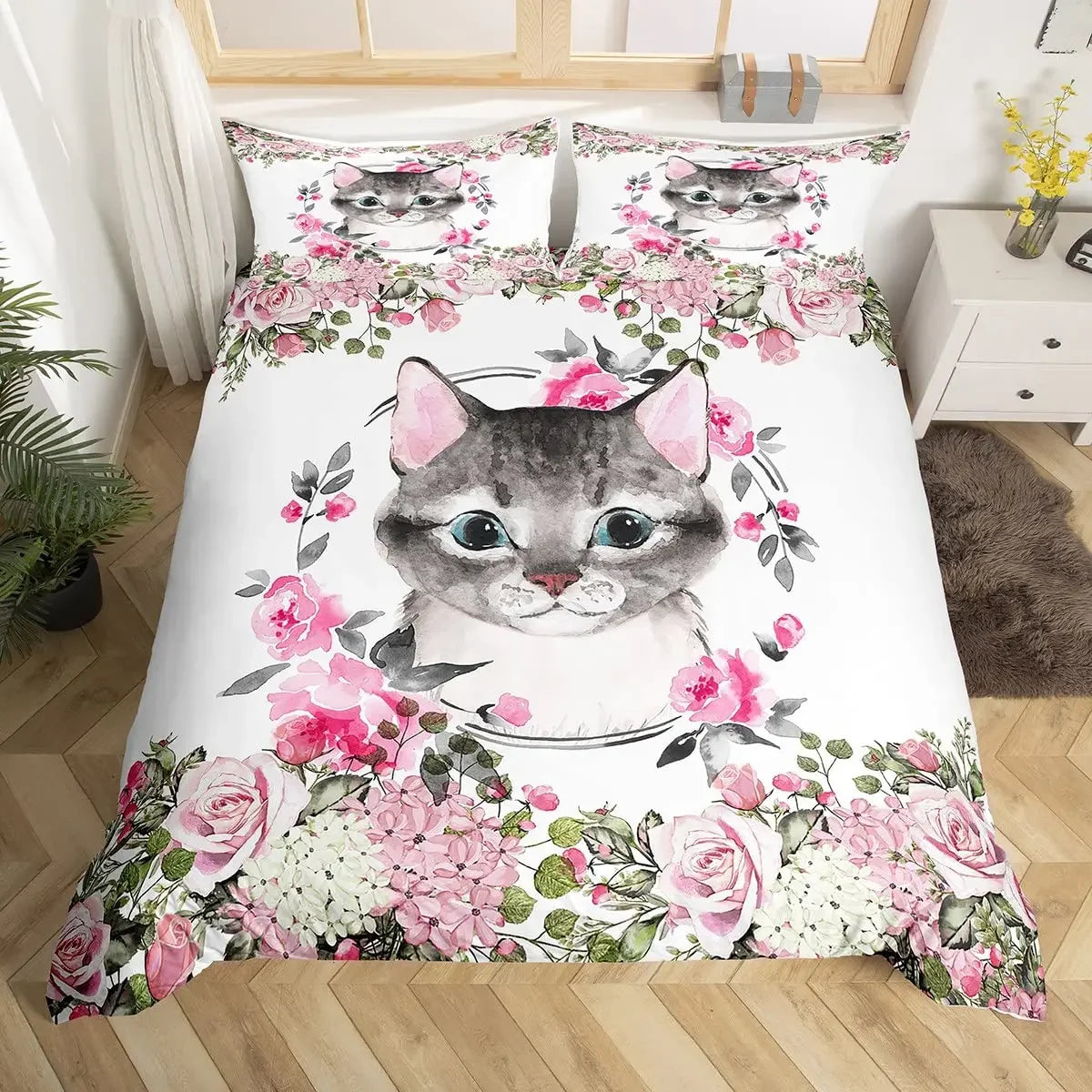 Cartoon Cat Duvet Cover Set With Pillowcase
