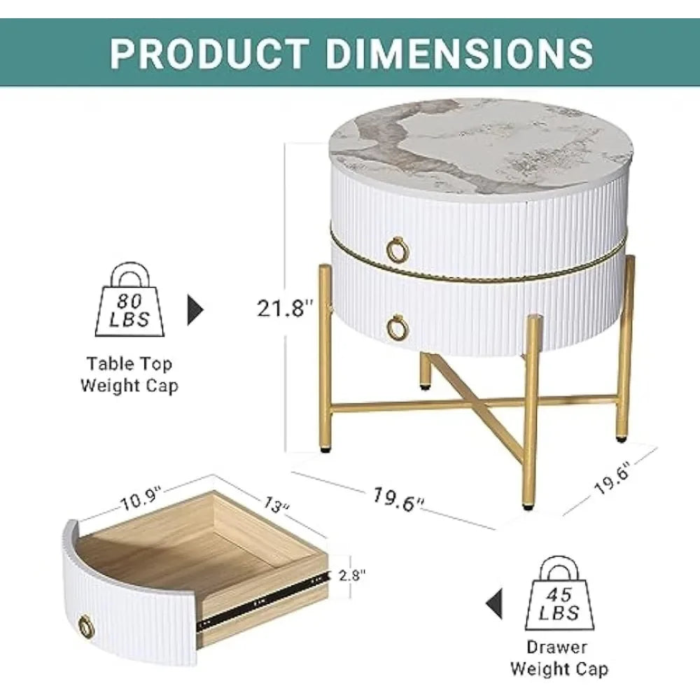 Modern Side Table with Metal Legs, White & Gold