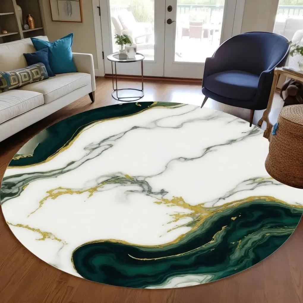 Modern Abstract Black Gold Marble Round Area Rug