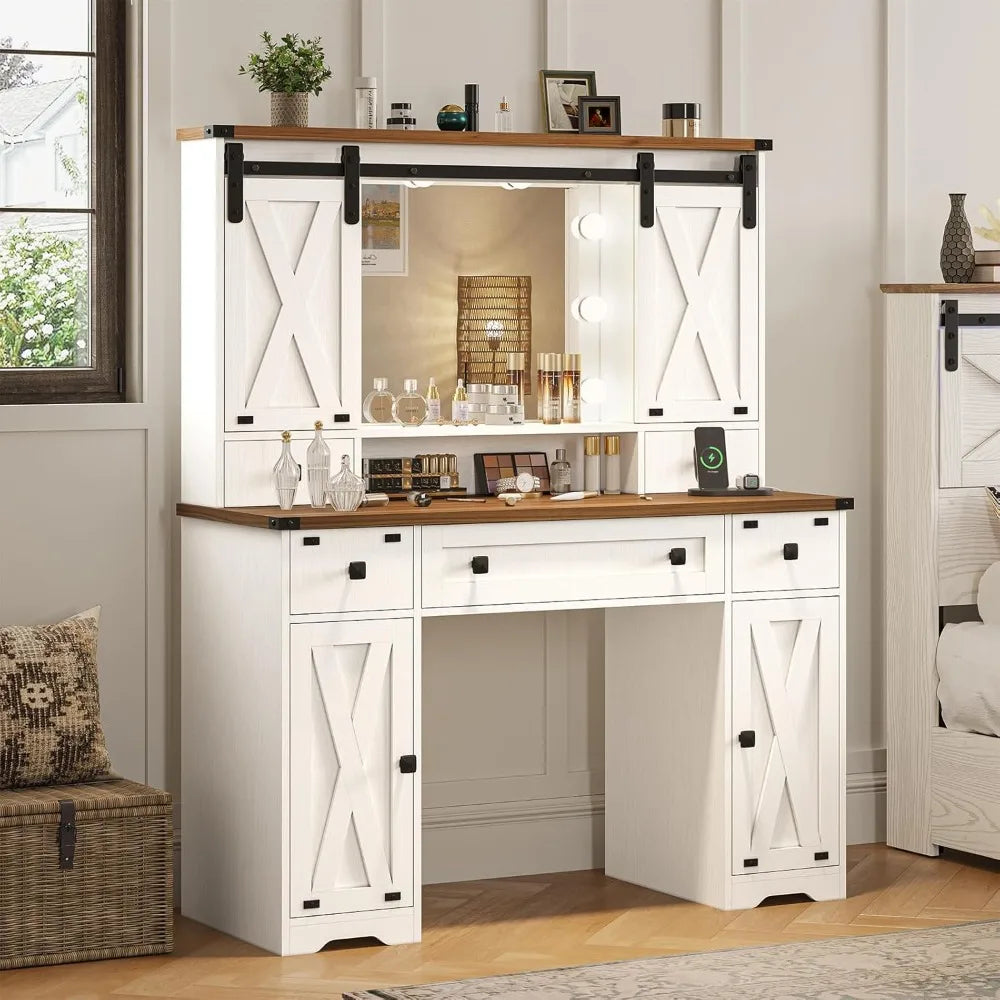 Farmhouse Vanity with Mirror, Charging Station