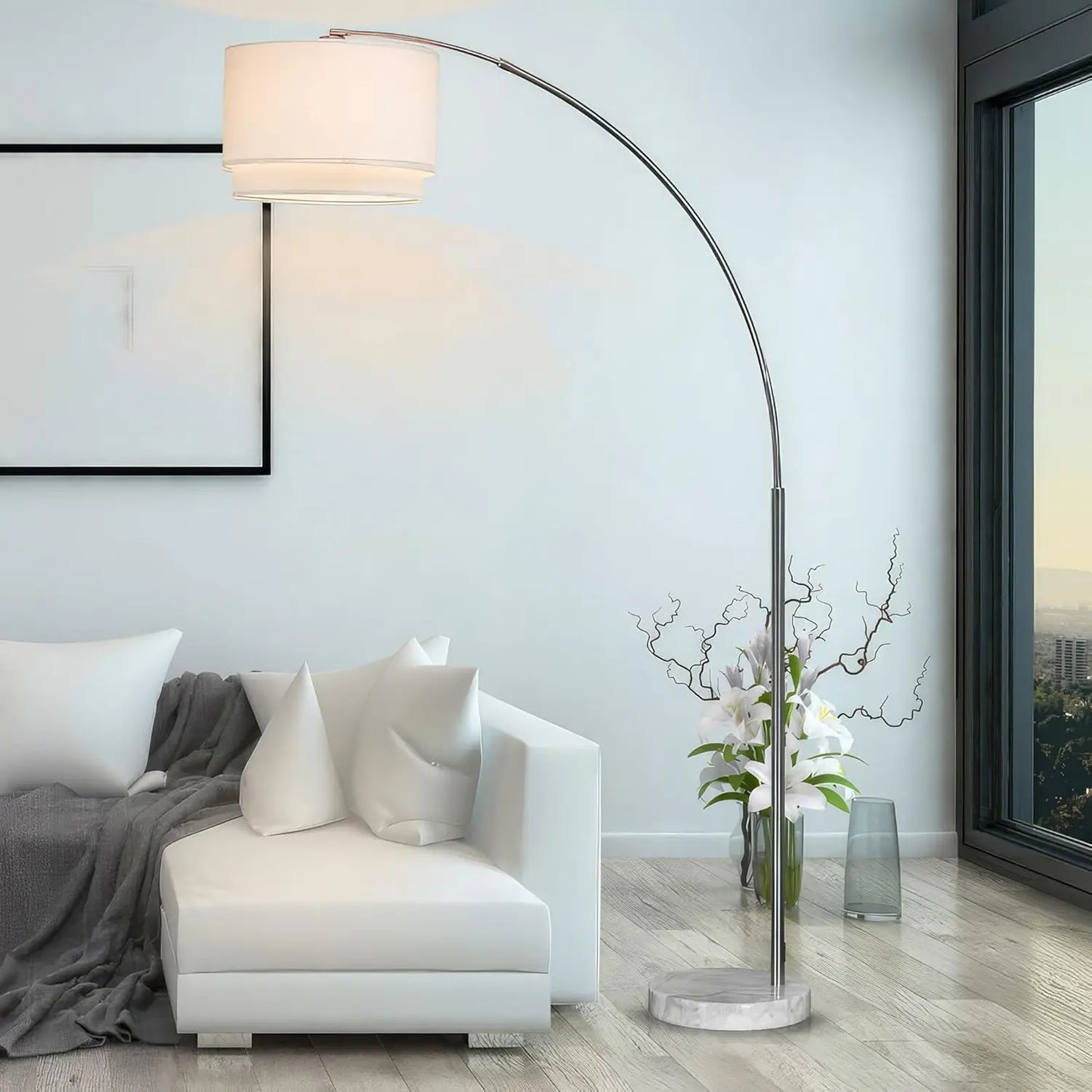 Corner Arching Lamp with White Double Shade