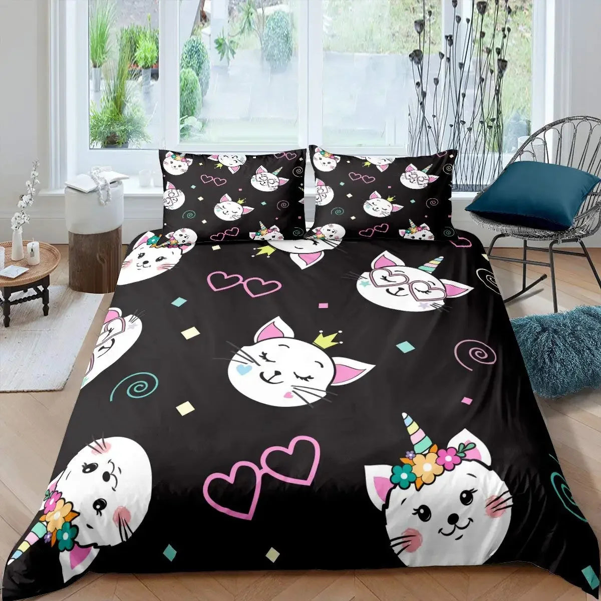 Cartoon Cat Duvet Cover Set With Pillowcase