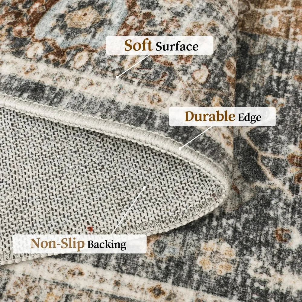 Vintage Washable Rug for Dining Room, Bedroom (Grey/Brown/Tan)