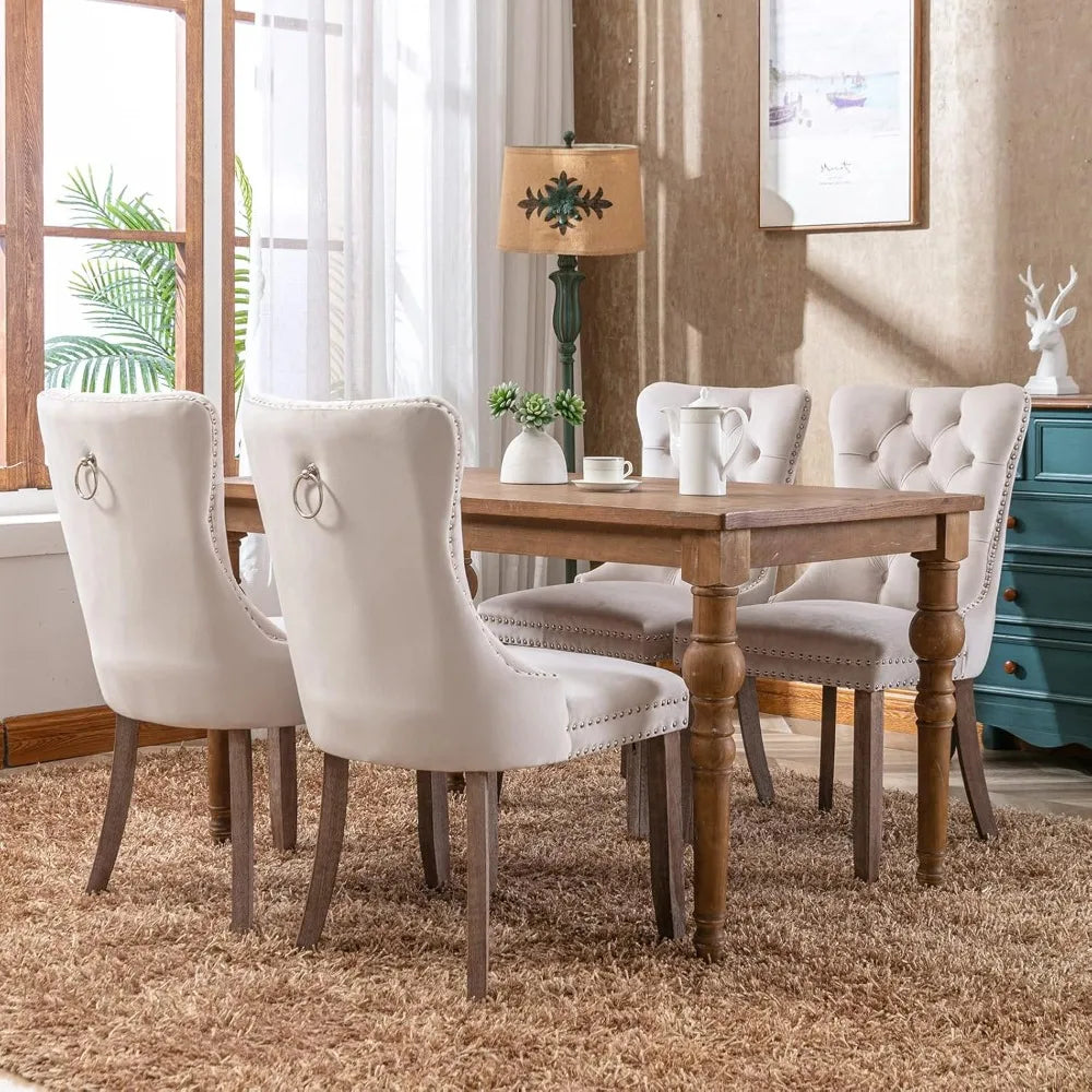 Beige Velvet Upholstered Dining Chairs