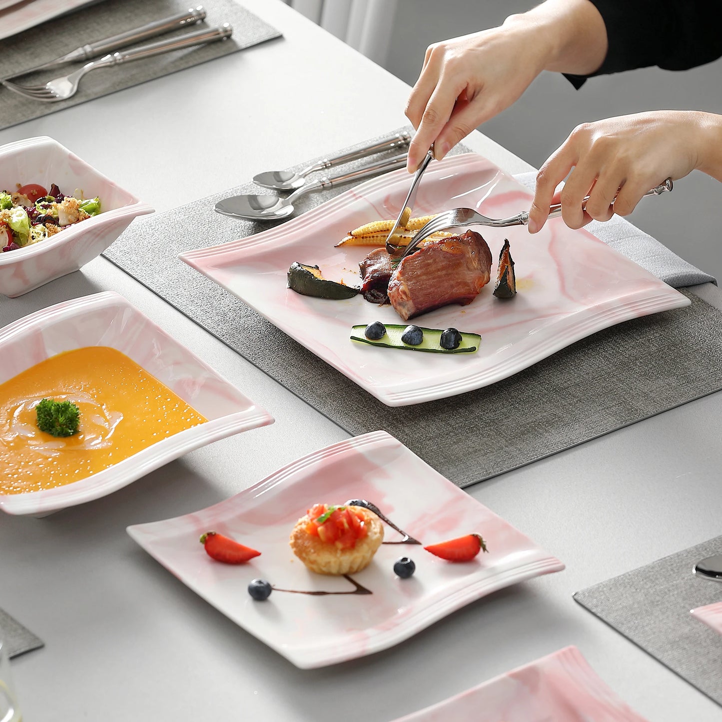 European Marble Pink Porcelain Tableware Set for 6