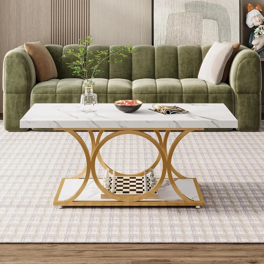 Marble Wood Coffee Table with Geometric Legs