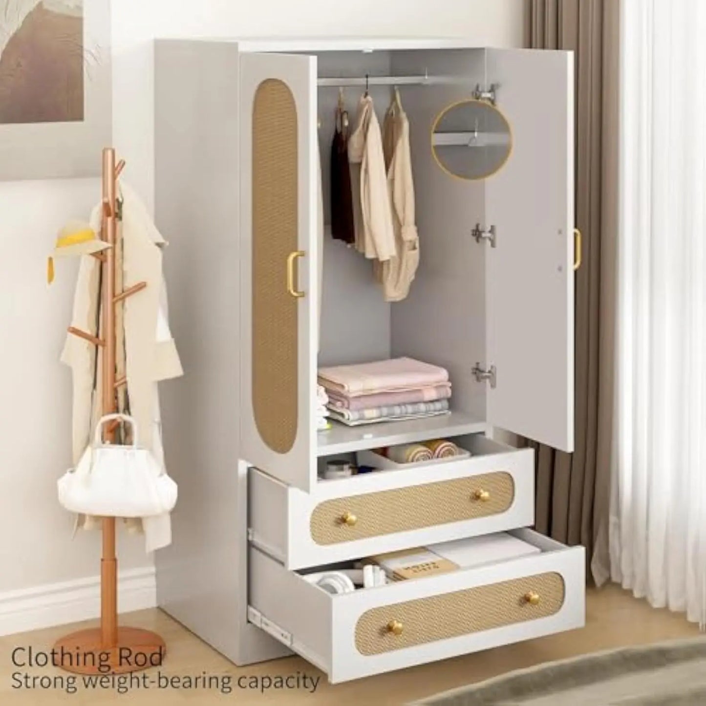 Rattan Wardrobe Cabinet with 4 Storage Drawers