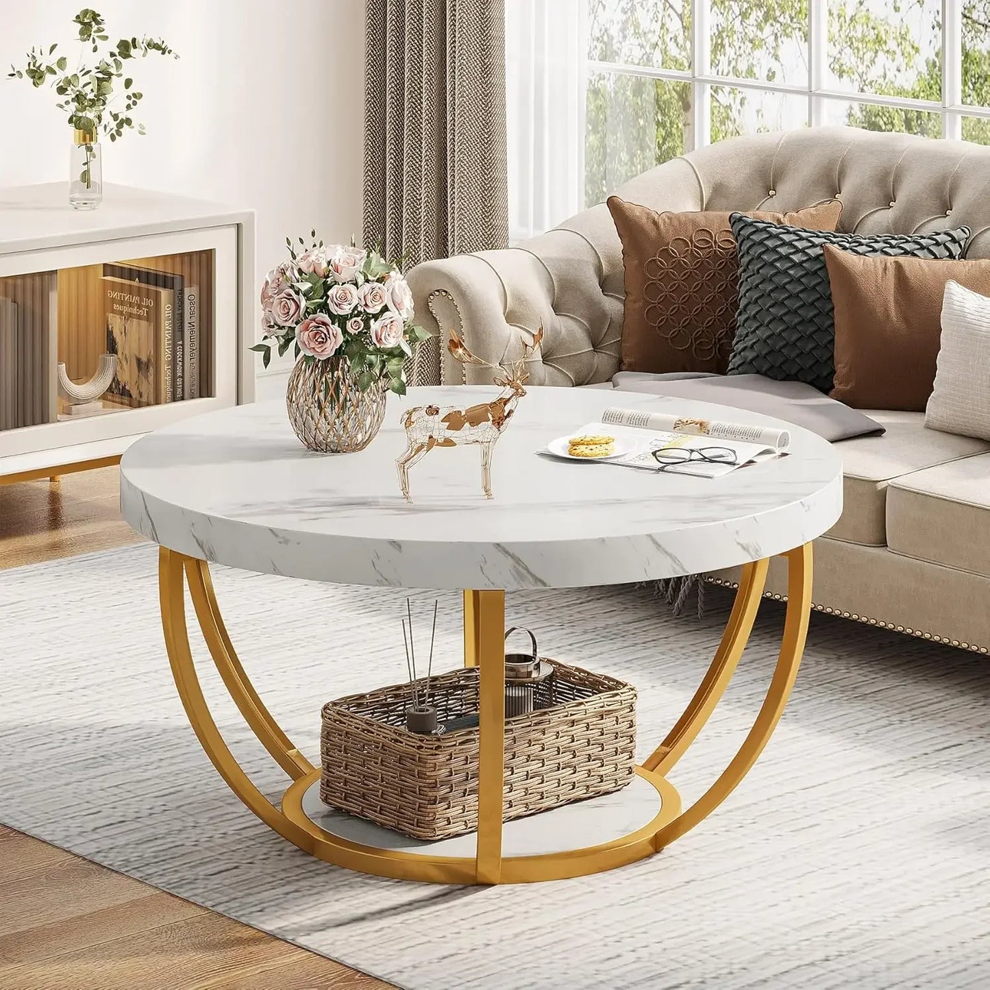 2 Tier Modern Coffee Table with Golden Metal Legs