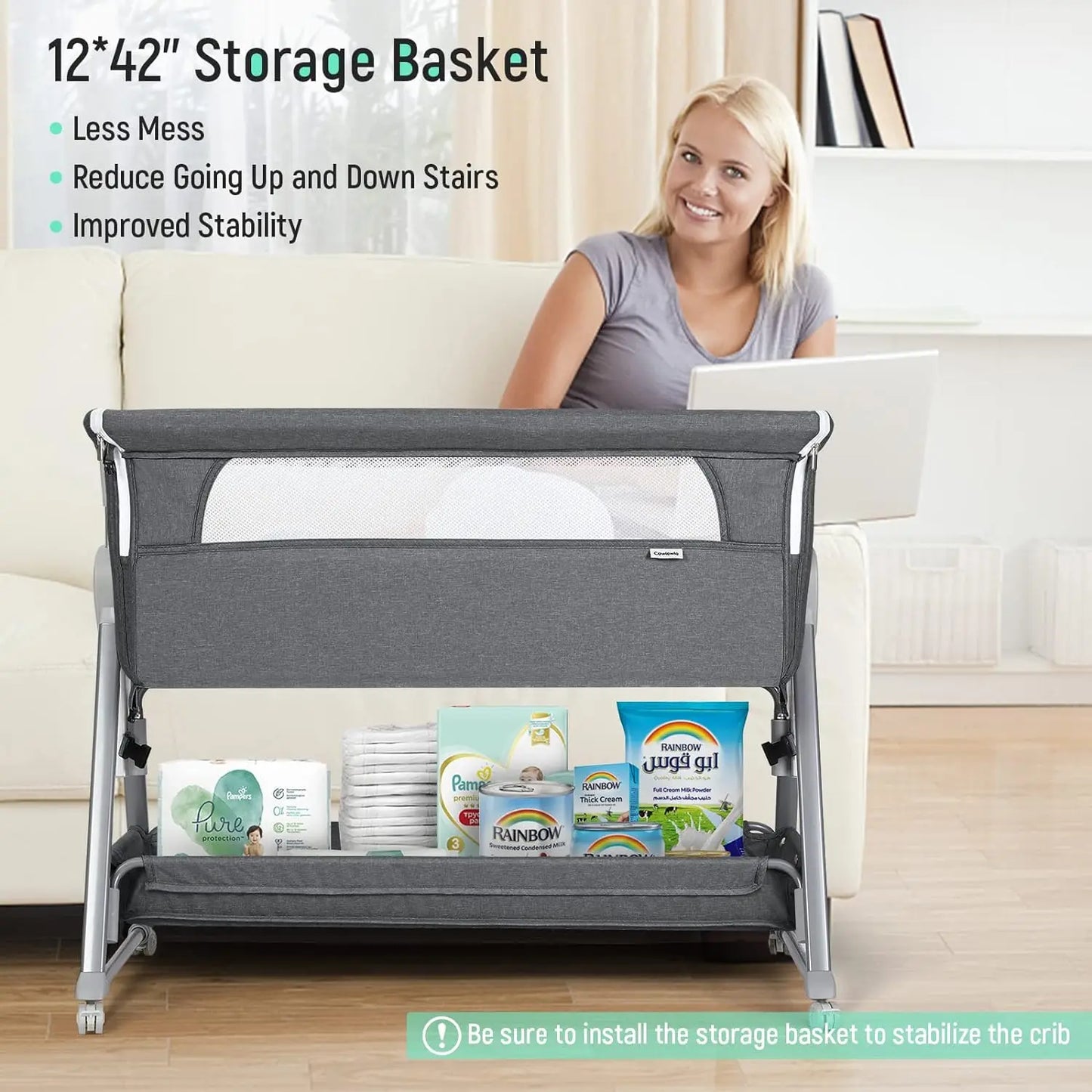 Beside Sleeper for Baby with Storage Basket and Wheels