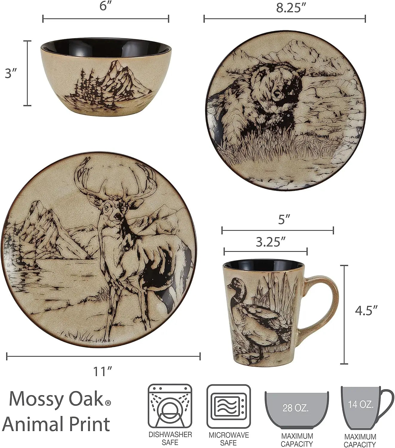 Wildlife Print 16 Piece Dinnerware Set