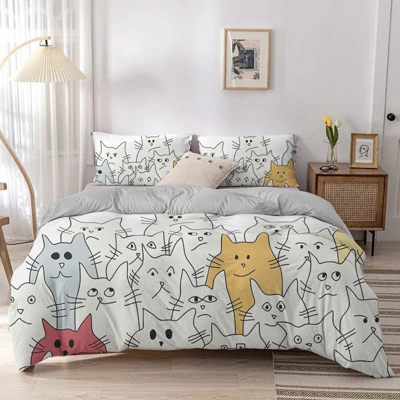 Cartoon Cat Duvet Cover Set With Pillowcase