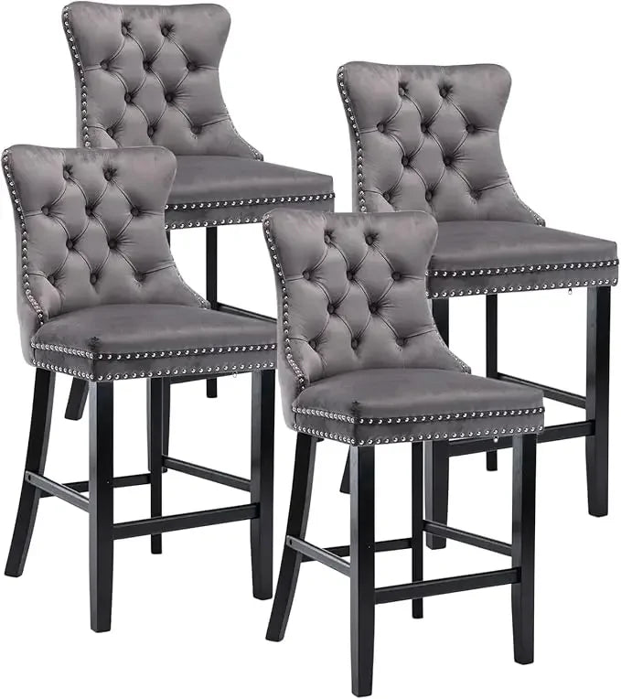 27" Modern Velvet Bar Stools with Button Decor Set of 4