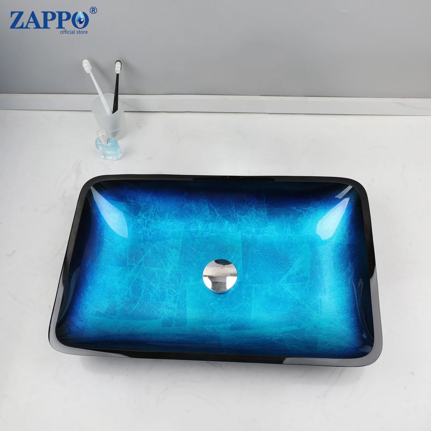 Tempered Vessel Sink with Waterfall Black Faucet