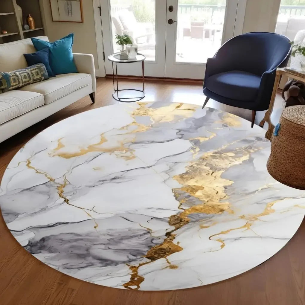 Modern Abstract Black Gold Marble Round Area Rug