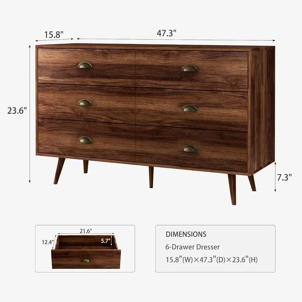 Wood 6 Drawer Dresser for Bedroom
