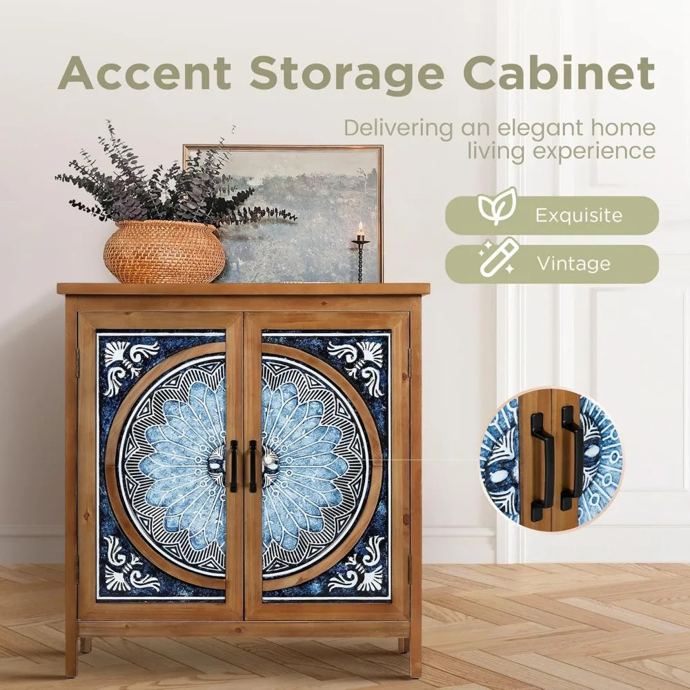 Distressed Storage Cabinet with Porcelain Pattern