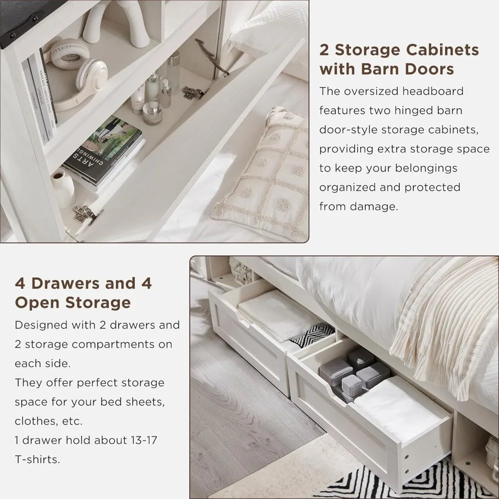 Luxury White Bedroom Furniture LED Light Bed Headboard Charging Station