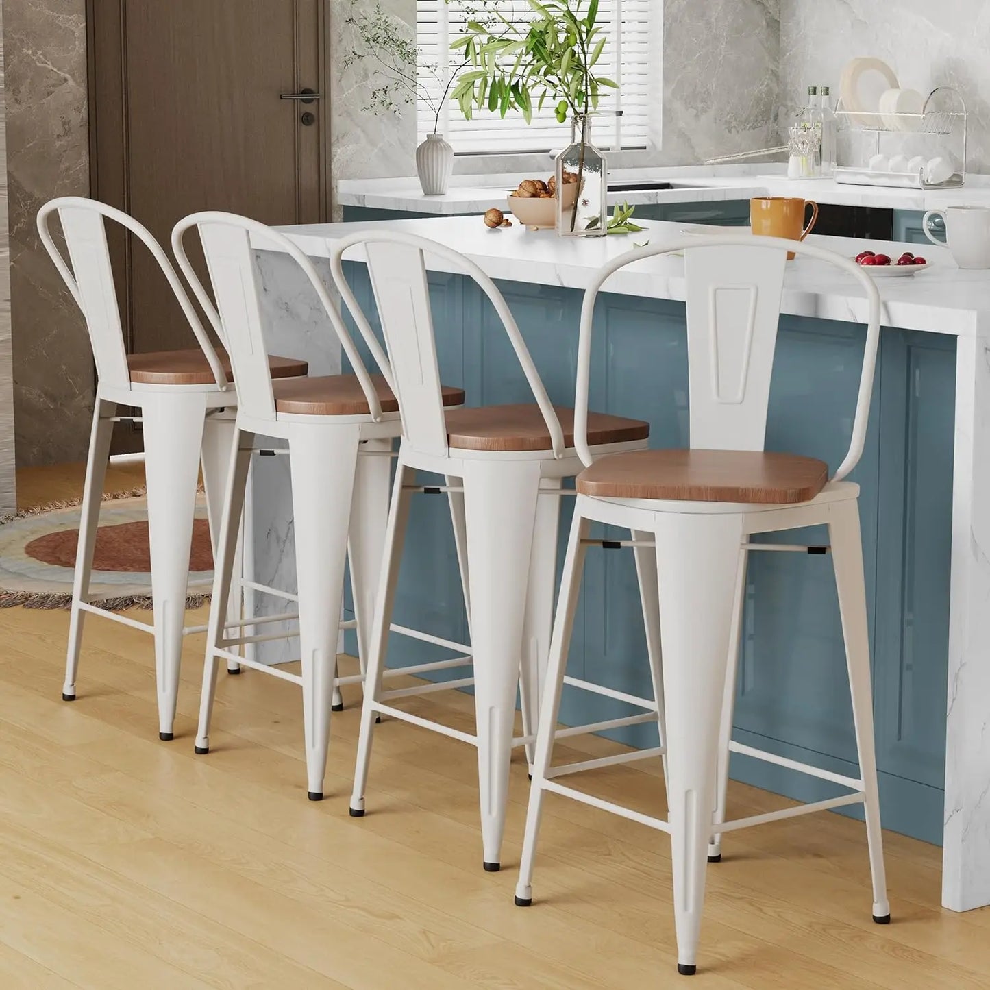 Swivel Metal and Wood Bar Stools Set of 4
