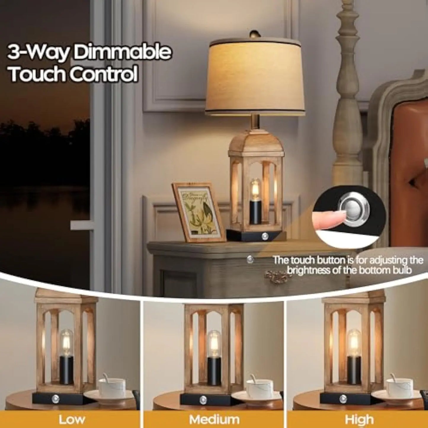 Table Lamp for Living Room Set of 2 with USB A+C and Nightlight